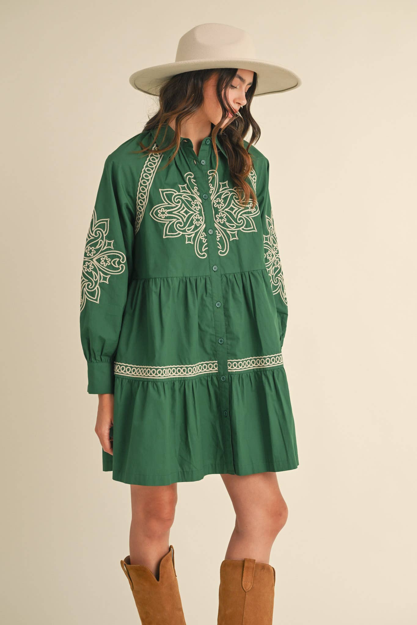 EMBROIDERED BUTTON DOWN MINI DRESS MDR3513: Hunter Green / M