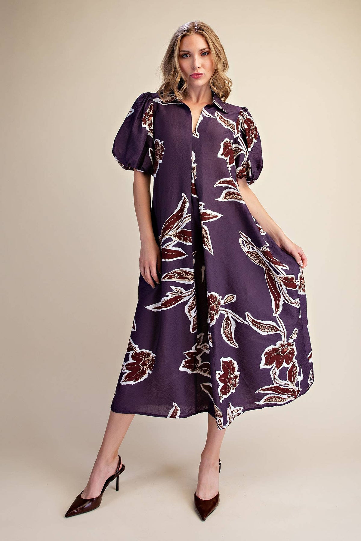 Fall/Winter Print Puff Sleeve Midi Dress : Rust / L