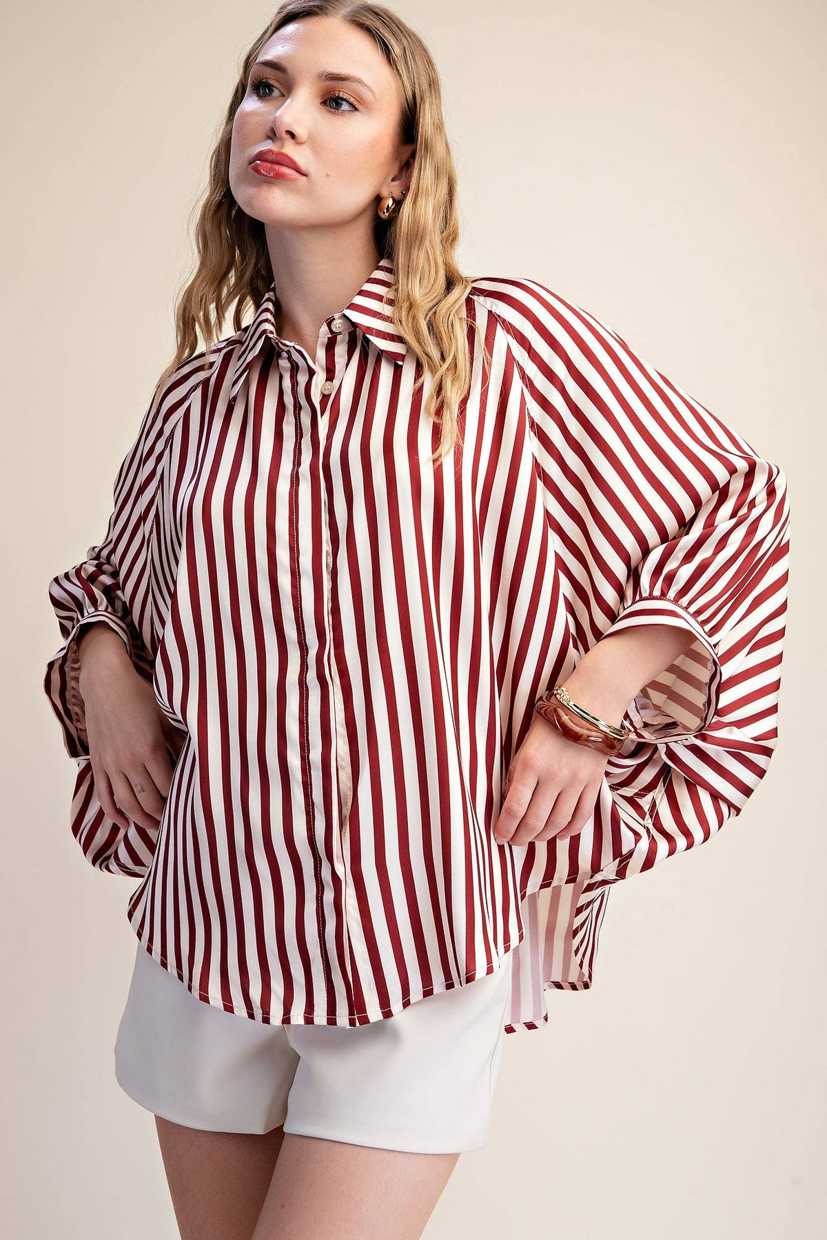 Stripe Wide Puff Sleeve Buttondown Shirt: Olive / M