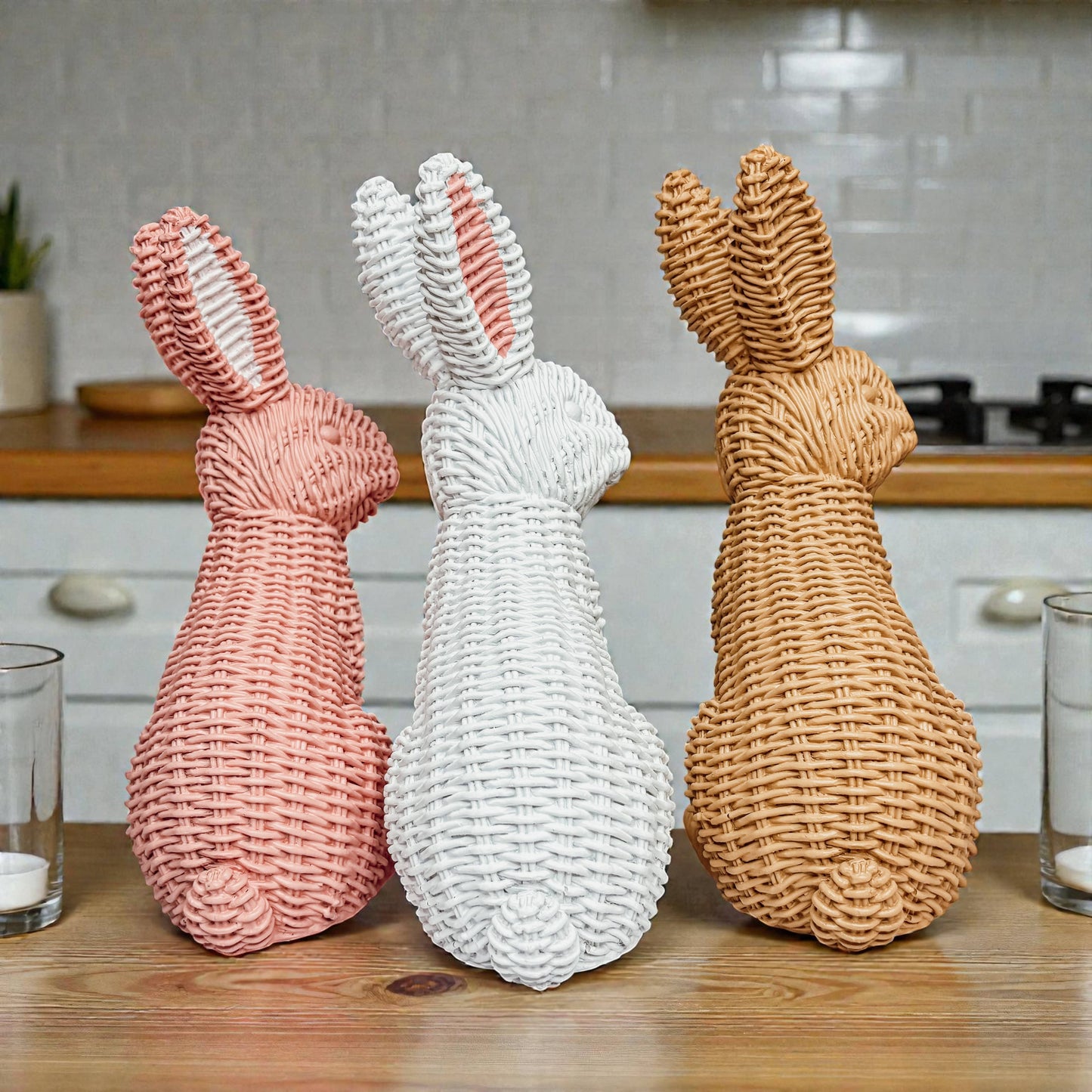 Easter Farmhouse Home Decor, Resin Bunny Figurine Rattan : White
