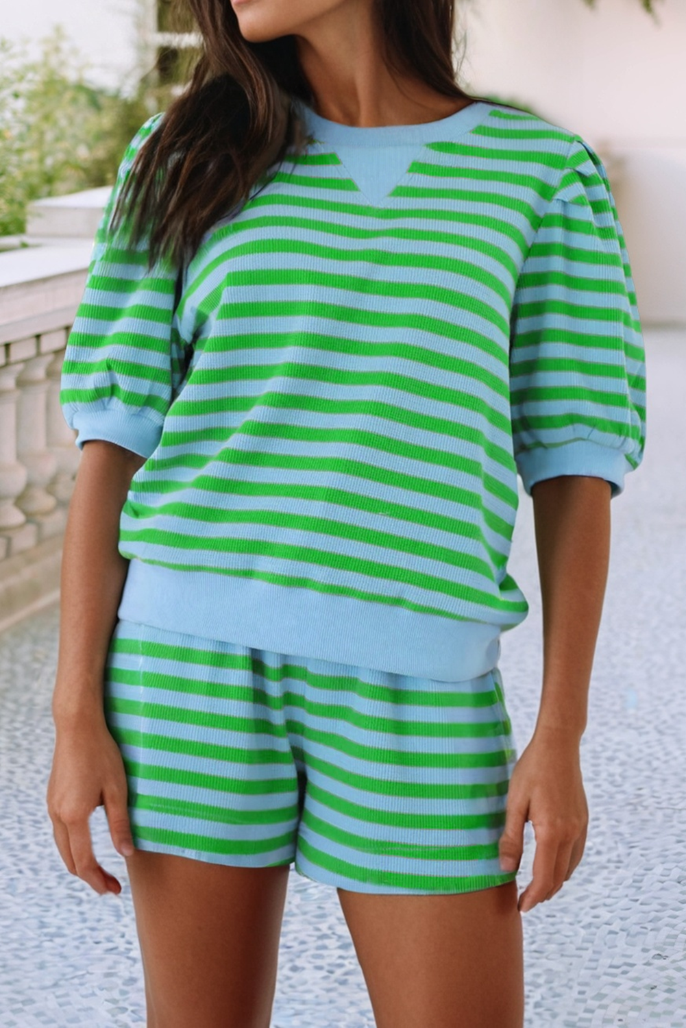 LDC Stripe Spring Puff Sleeve Shirt Matching Shorts Set|S-4X: Green Stripe / L