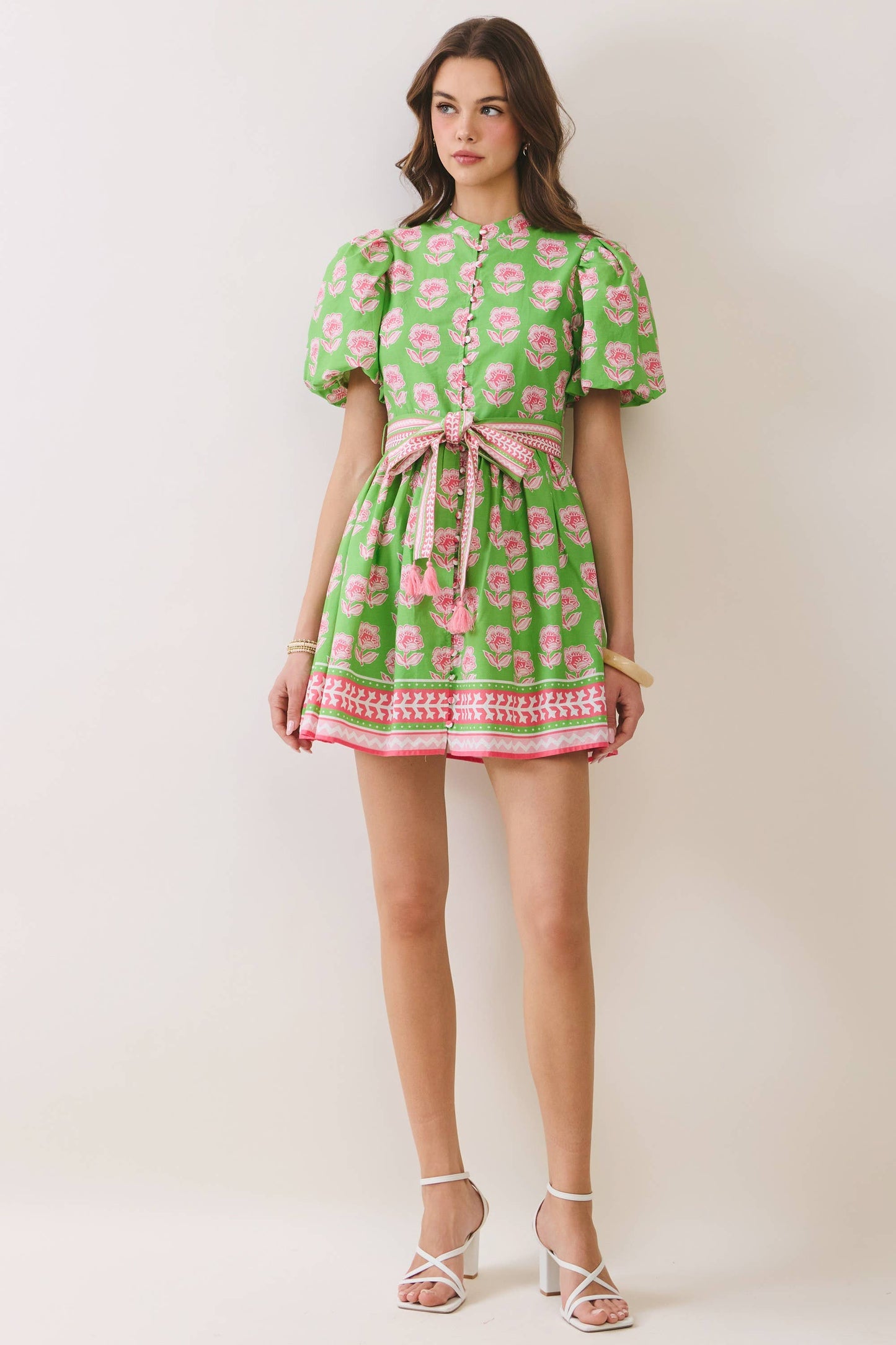 CD07034-Floral Puff Sleeve Belted Button Down Mini Dress: Green / M