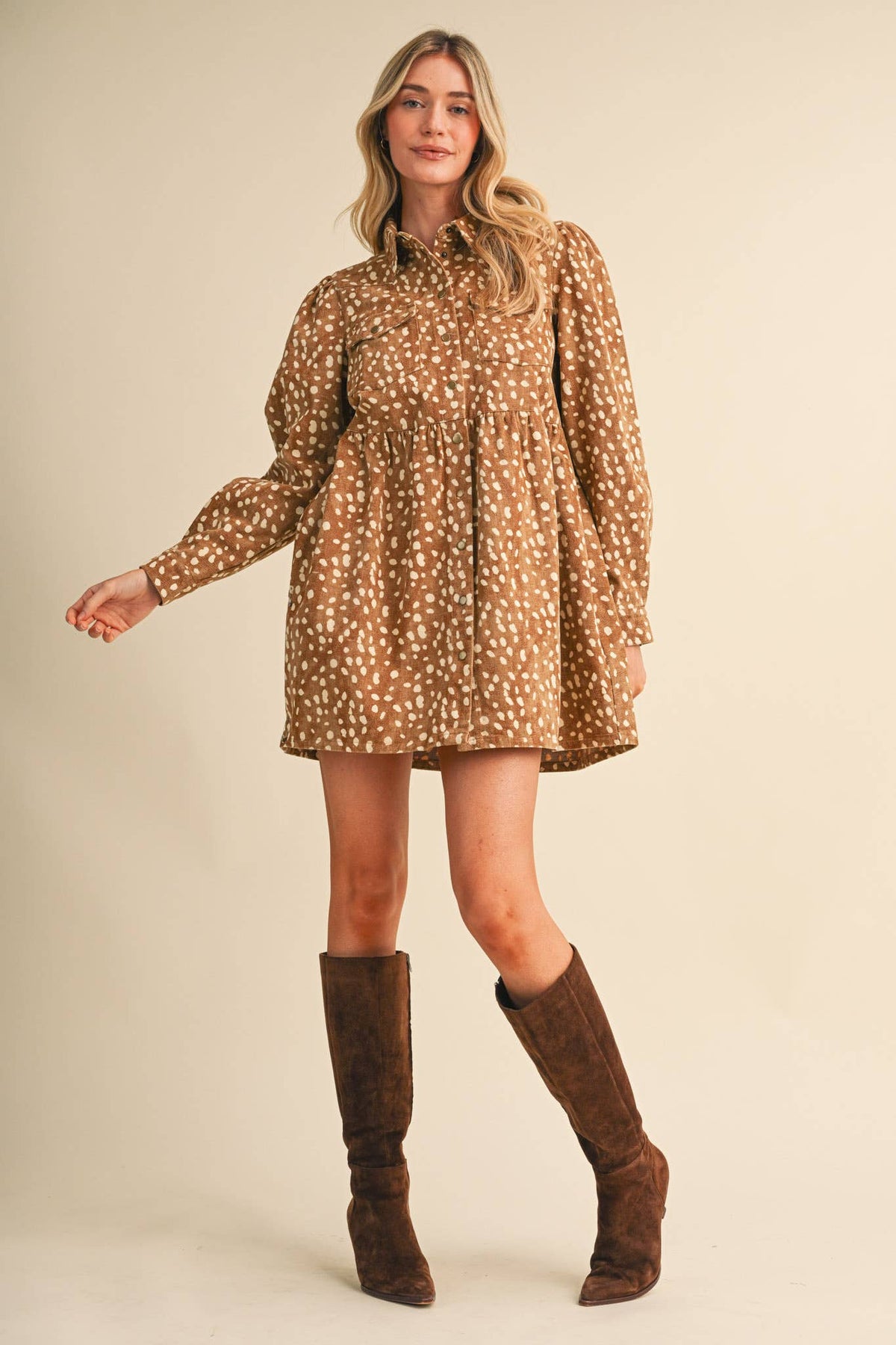 DENIM FAWN PRINT BUTTON DOWN MINI DRESS MDR5369: TAUPE ANIMAL / S
