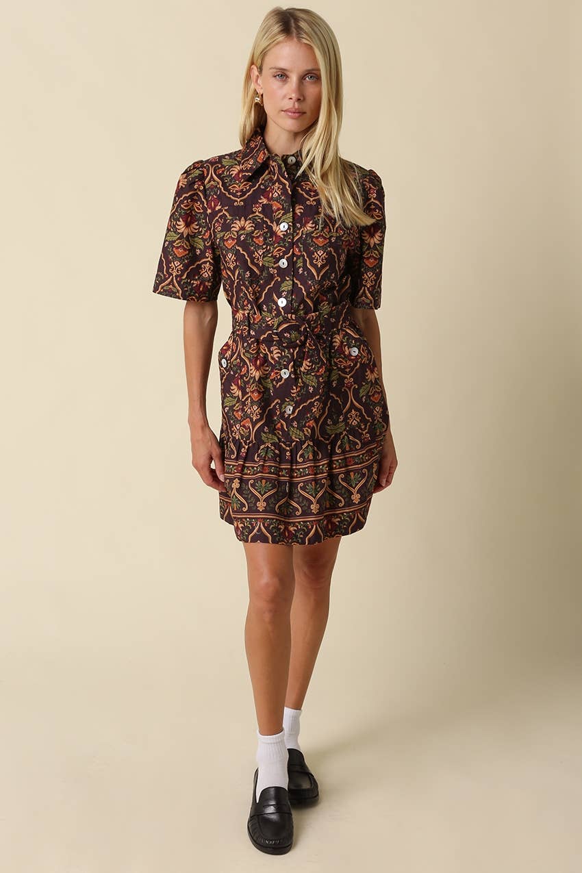 Belen Paisley Belted Mini Dress: CHOCOLATE MULTI / L
