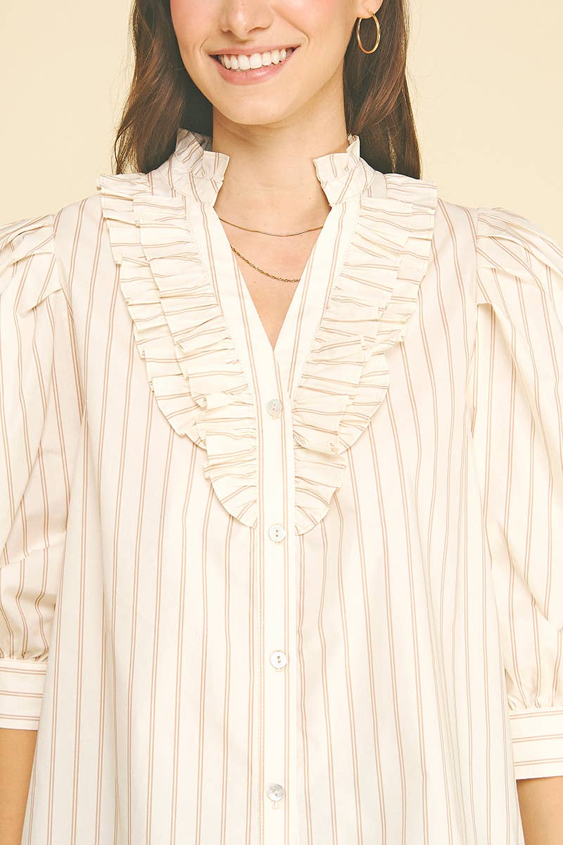 STRIPED RUFFLED COLLAR PUFF SLEEVE BLOUSE - 6241TA: CREAM/TAUPE / S