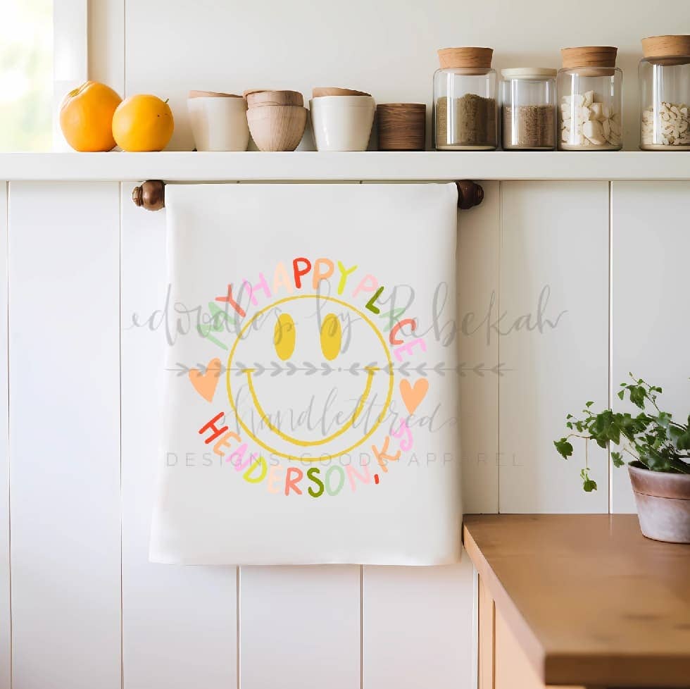 My Happy Place Smiley Custom Town Tea Towel