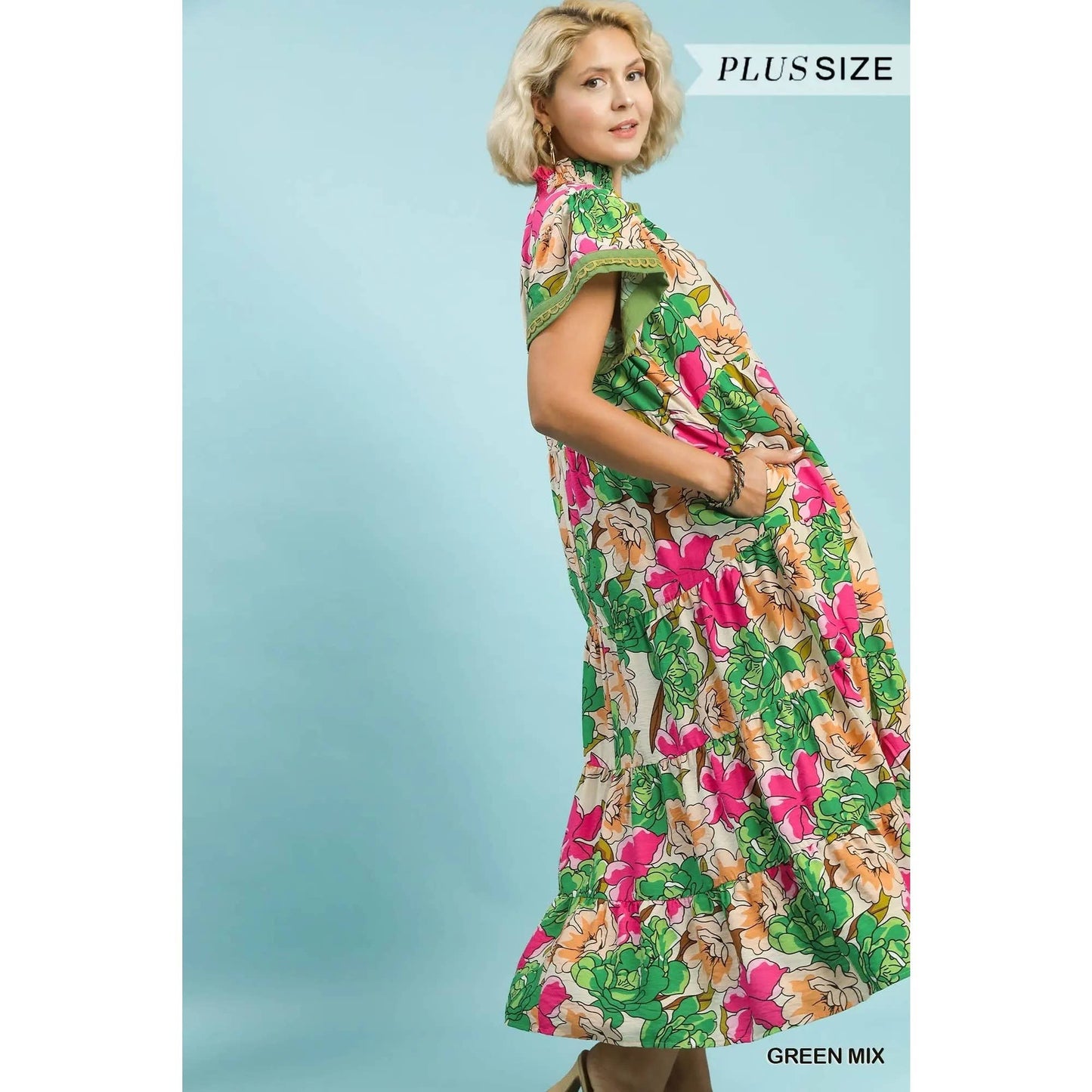 PLUS Mix Bold Floral Tiered Midi Dress: TEA BERRY MIX / 1X