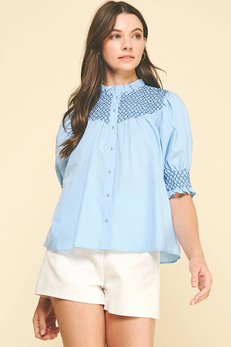 EMBROIDERED BUTTON DOWN BLOUSE TOP - 4951TB: Pink / S