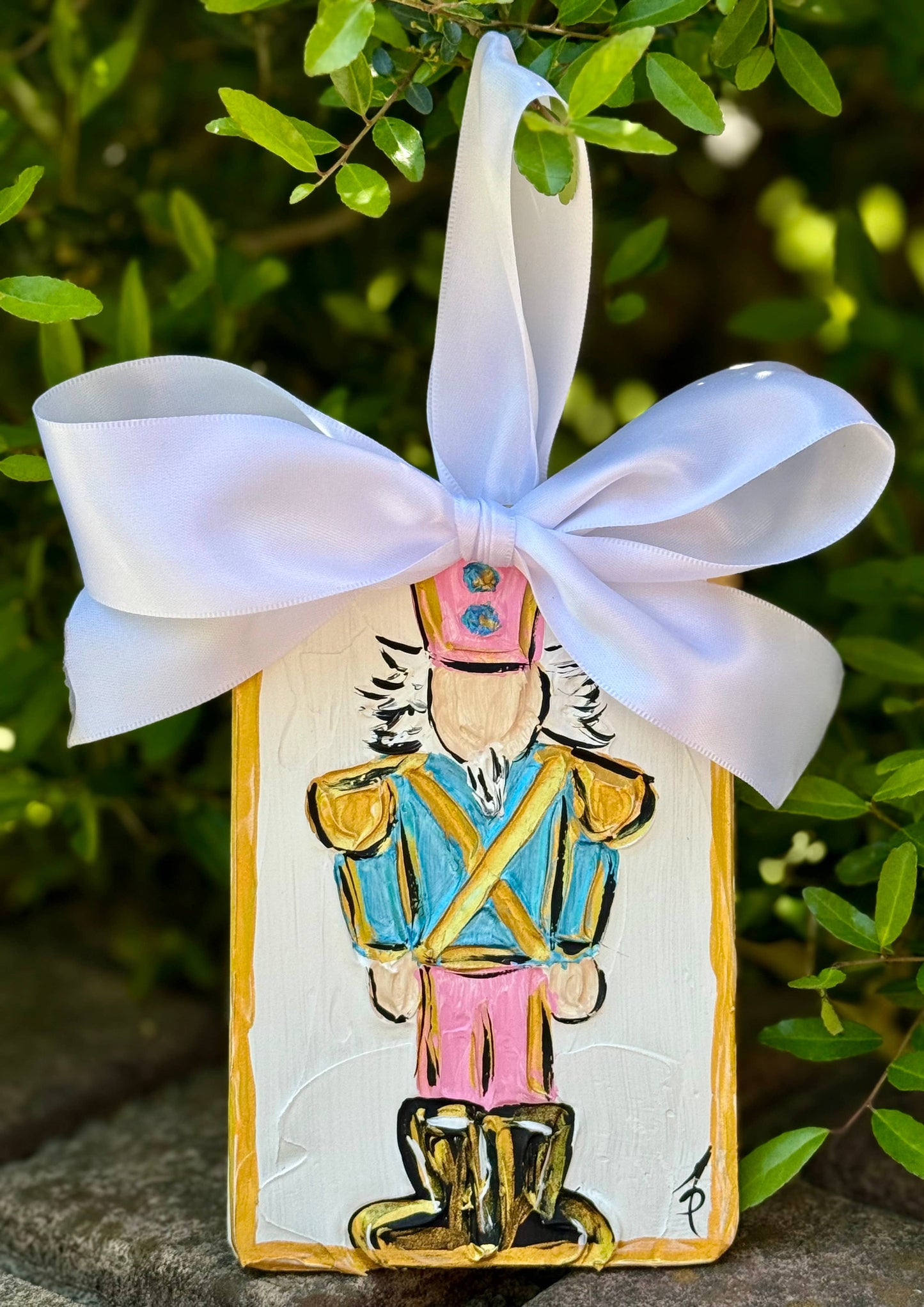 Nutcracker textured hand painted Christmas ornament : Hot pink/metallic cobalt