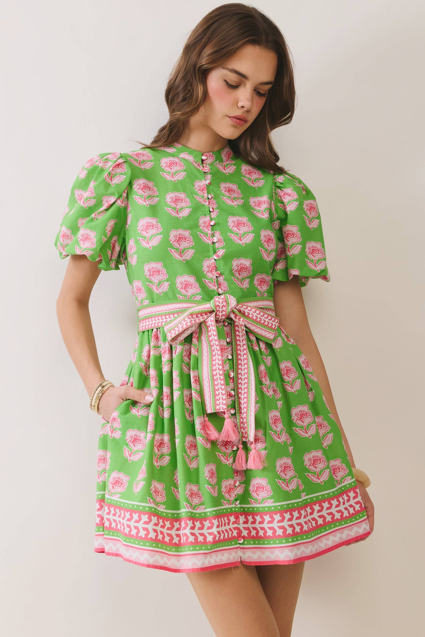 CD07034-Floral Puff Sleeve Belted Button Down Mini Dress: Green / M
