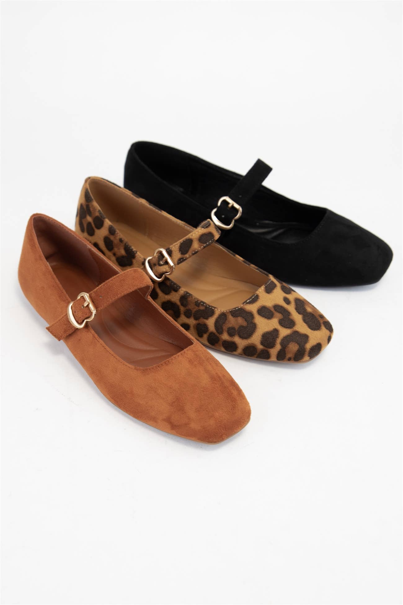 CHARLOTTE-10 BUCKLED STRAP SOFT SQUARE TOE MARY JANE FLATS: LEOPARD SUEDE / B12