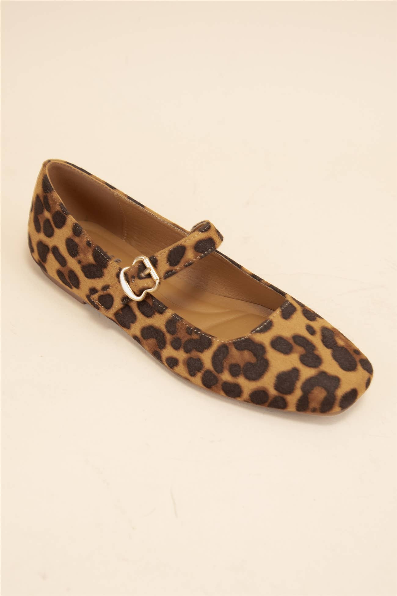 CHARLOTTE-10 BUCKLED STRAP SOFT SQUARE TOE MARY JANE FLATS: LEOPARD SUEDE / B12