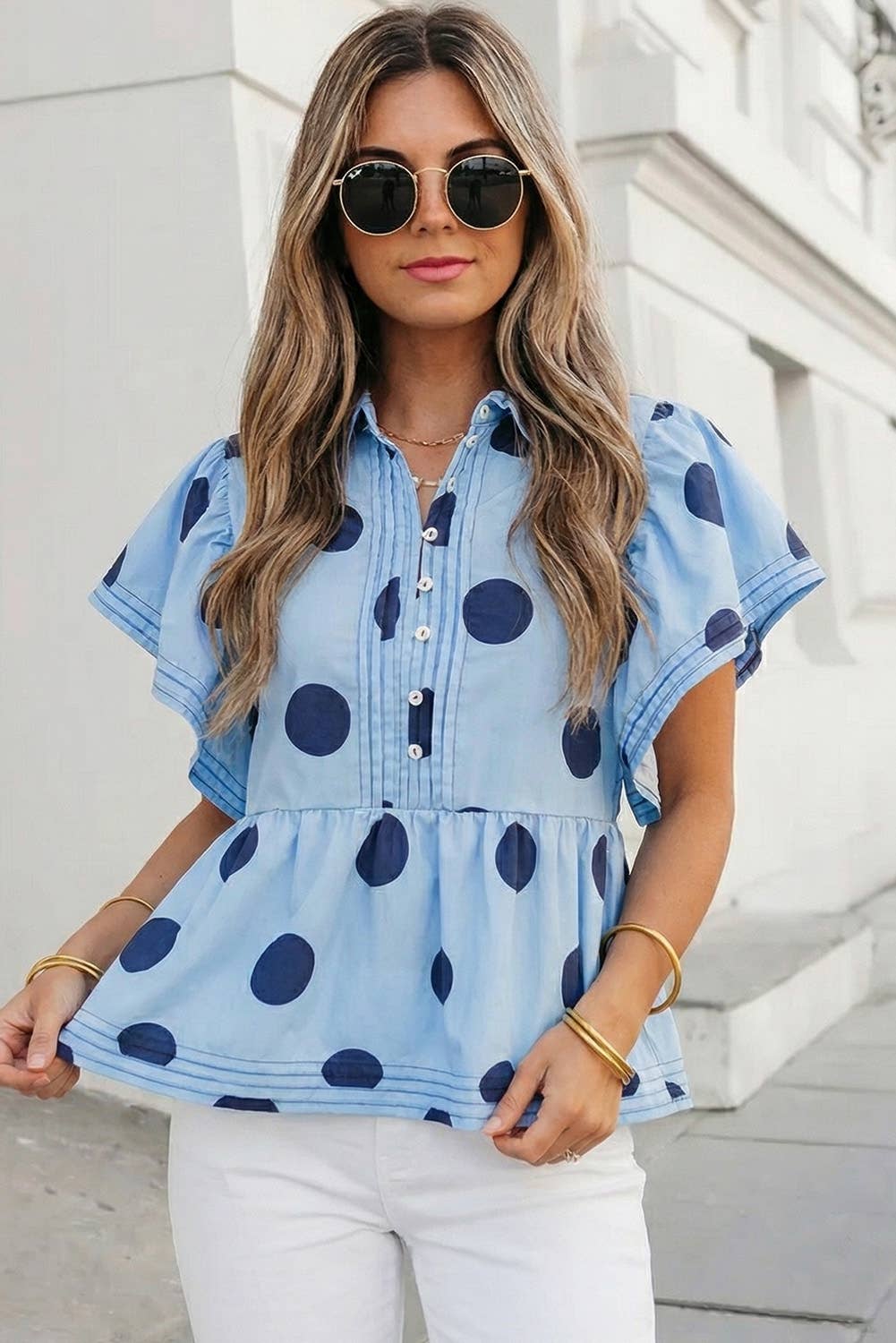 Polka Dot Print Ruffled Buttoned Summer Blouse | S-XL: As shown / Missy / M