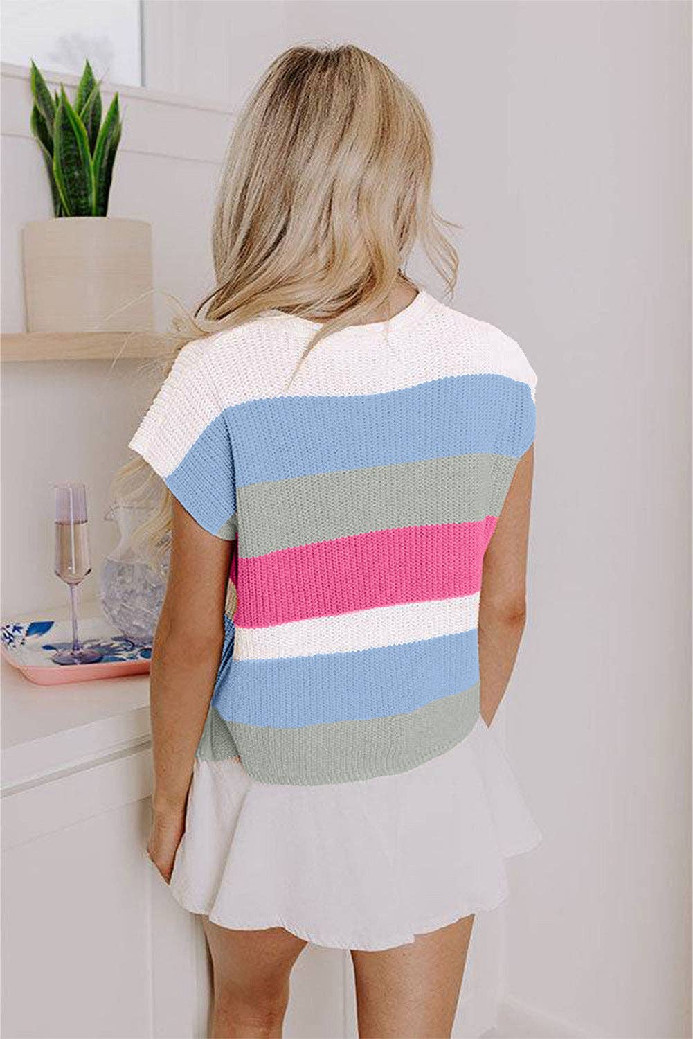 Colorblock Striped Knit Top Casual V Neck Short Sleeve Sweater Women: Green / L