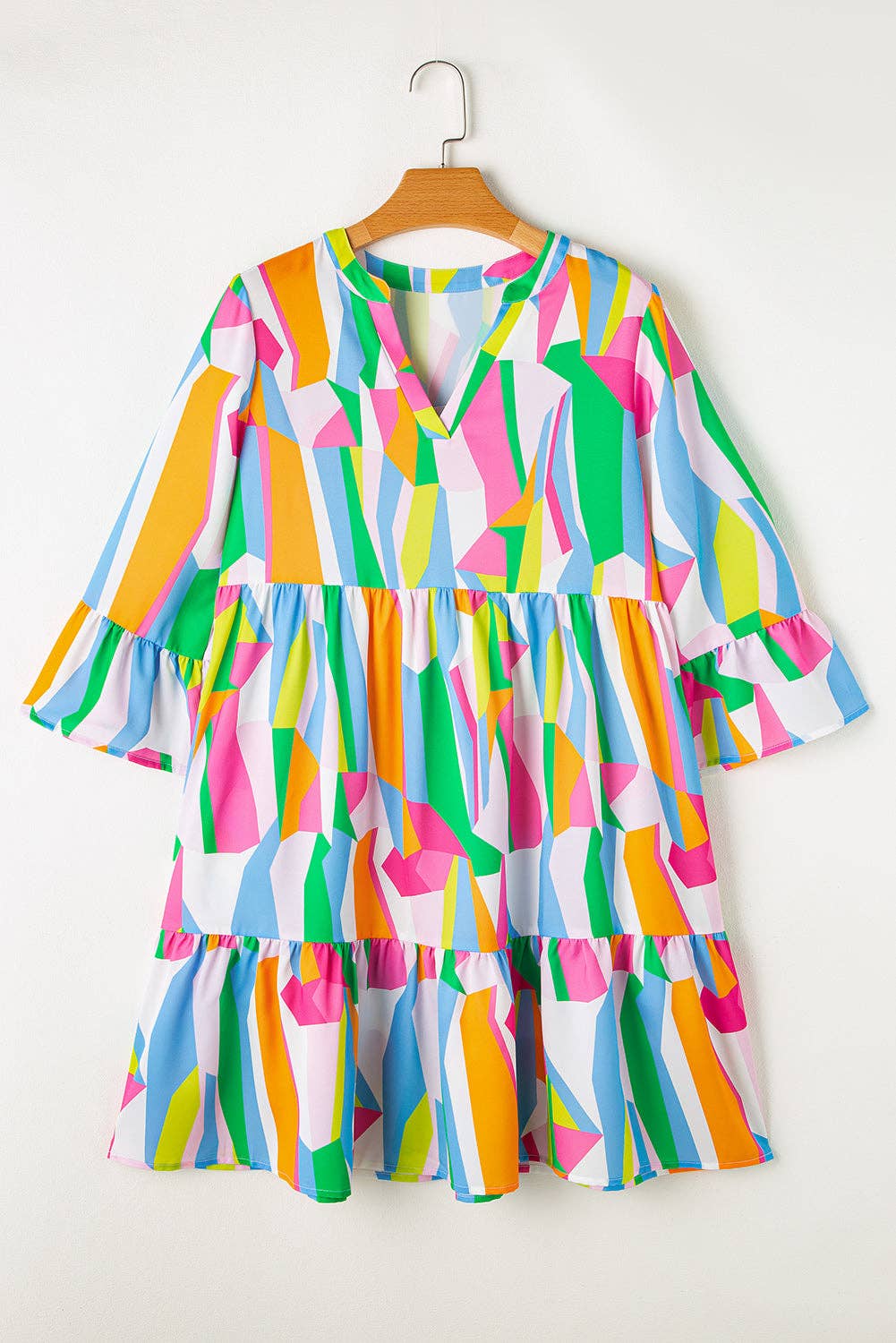 Green Abstract Print Ruffled Sleeve V Neck Dress: Green / 100%Polyester / S