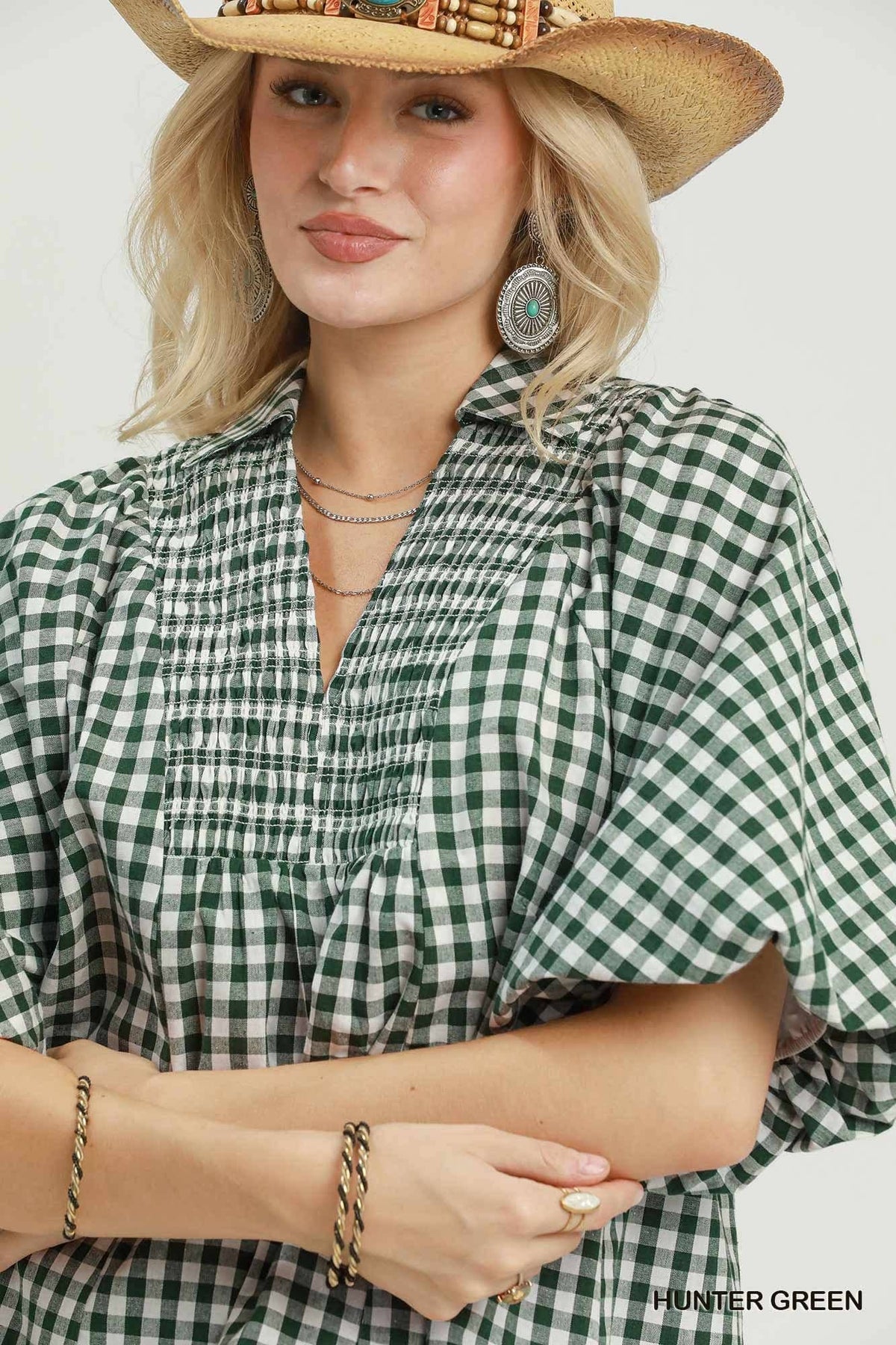 Gingham Smocked Yoke Puff Sleeve Blouse: BLACK / 2-2-2(S-M-L)