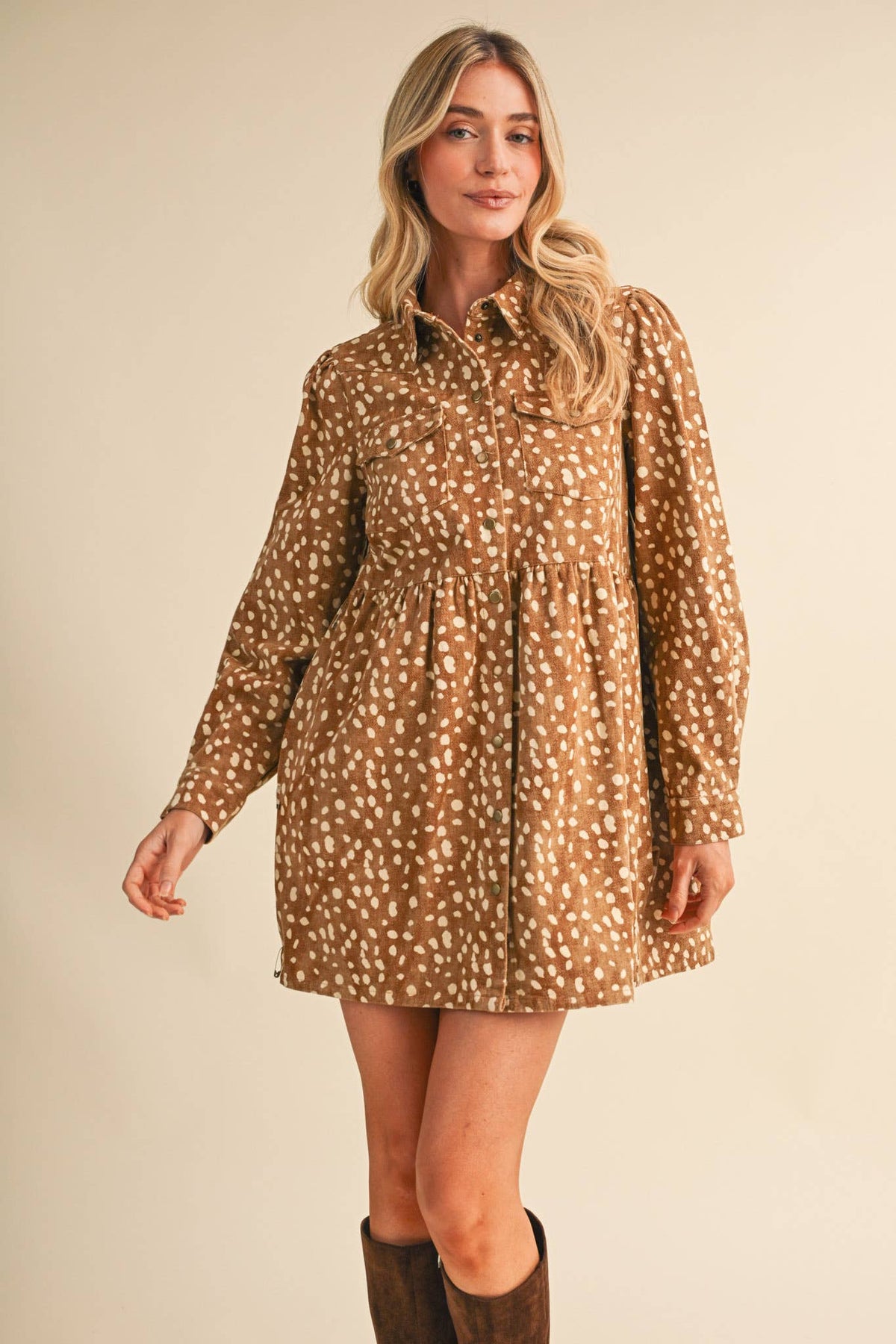 DENIM FAWN PRINT BUTTON DOWN MINI DRESS MDR5369: TAUPE ANIMAL / S