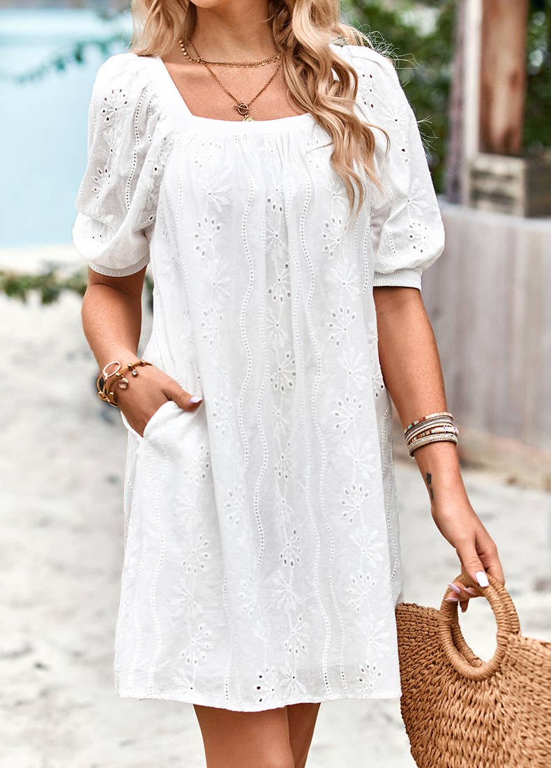 ELEGANT JACQUARD SHORT DRESS WITH SQUARE NECK: ROSE / (M) 1