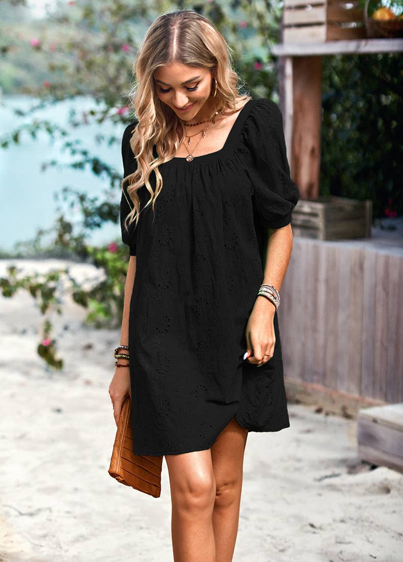 ELEGANT JACQUARD SHORT DRESS WITH SQUARE NECK: ROSE / (L) 1