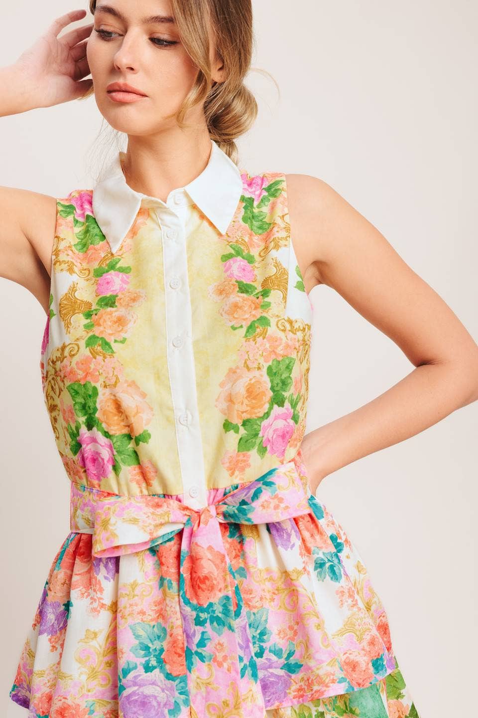A printed woven midi dress - ID23280: YELLOW BLUE PINK / Contemporary / M