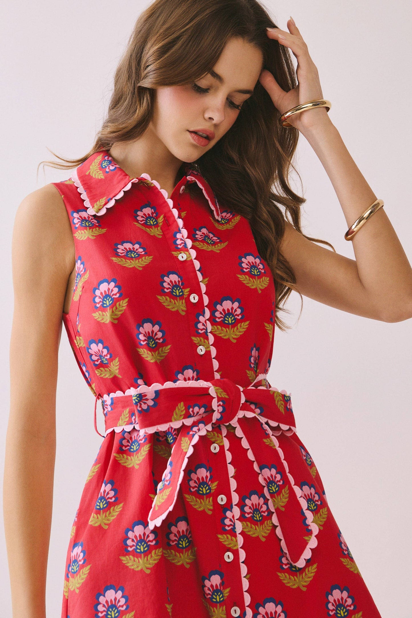 CD06056-Floral Print Contrast Scalloped Trim Detail Dress: Blue / L