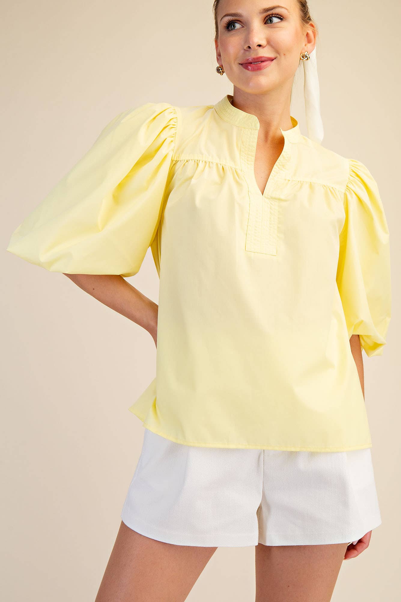 China Collar V-Neck Bubble Sleeve Poplin Top: Red / L