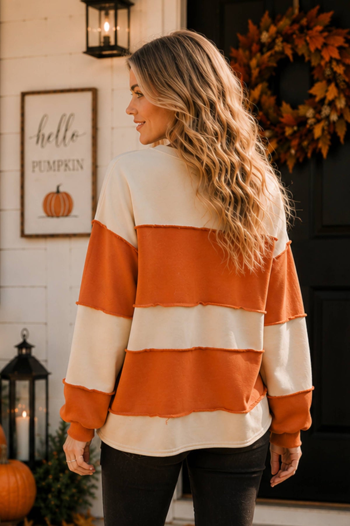 Pumpkin Appliqué Color Block Pullover: BURNT ORANGE/CREAM / S-M-L (2-2-2)