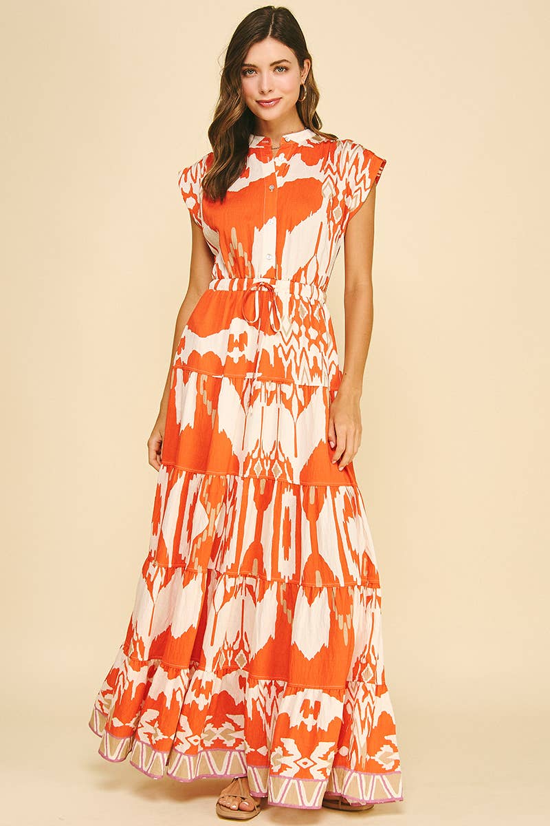 GEOMETRIC PATTERN TIERED MAXI DRESS - 6198DB: BLUE MULTI / L