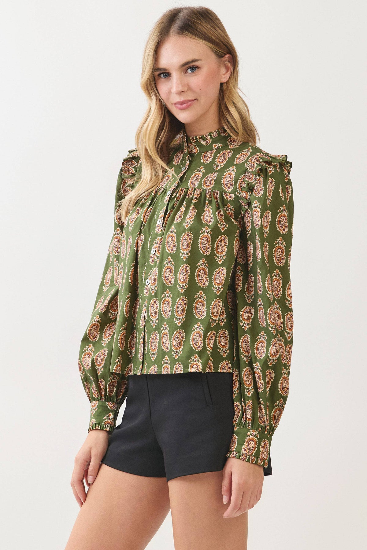 PAISLEY PRINT BUTTON DOWN SHIRT - 7614T: OLIVE / M