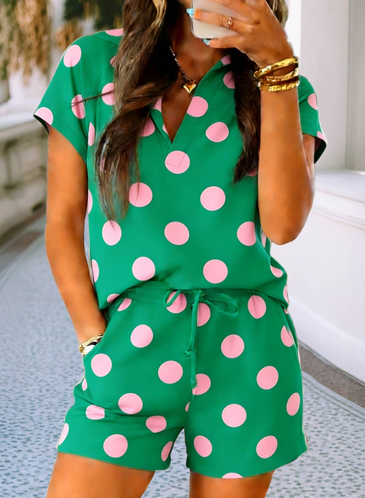 LDC Polka Dot Print V Neck Tee Short Set: Green / L