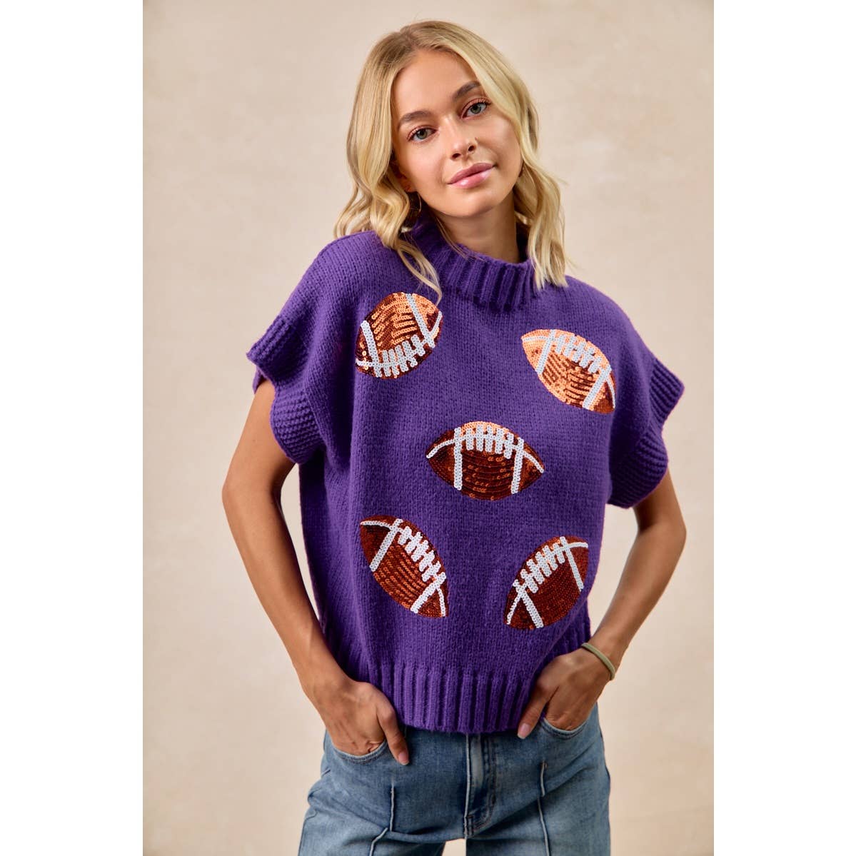 SEQUIN FOOTBALL PATCHES RIB BANDED SWEATER: OATMEAL / XL