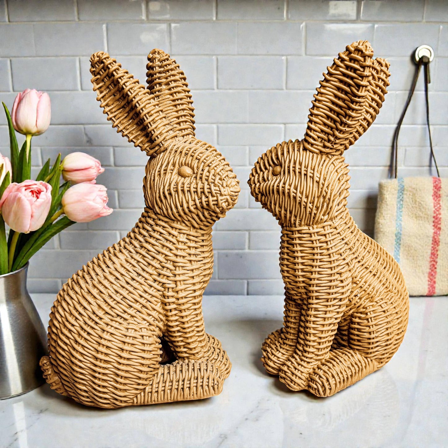 Easter Farmhouse Home Decor, Resin Bunny Figurine Rattan : White