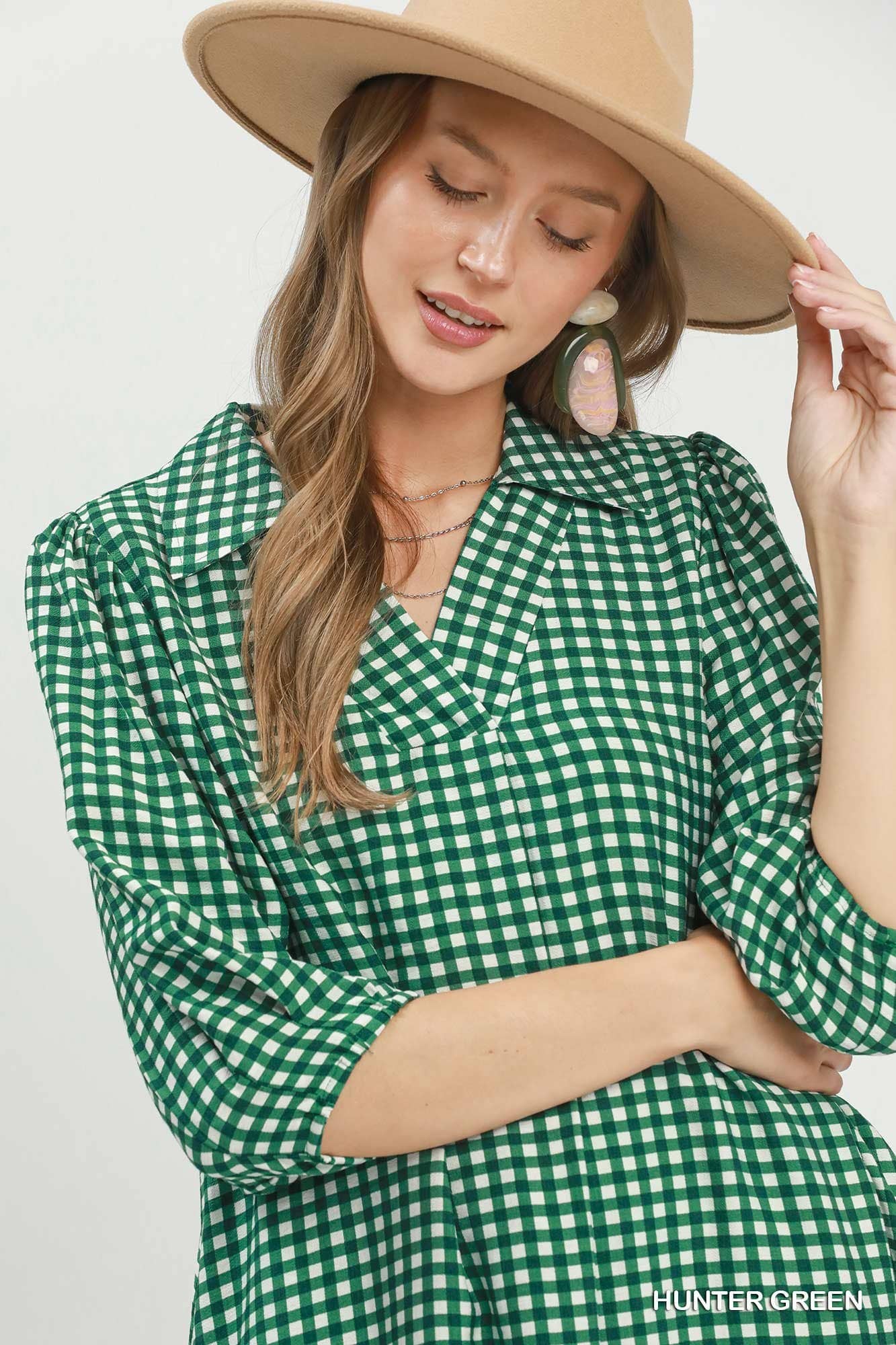 Gingham Check Collared Midi Dress: RED / 2-2-2(S-M-L)