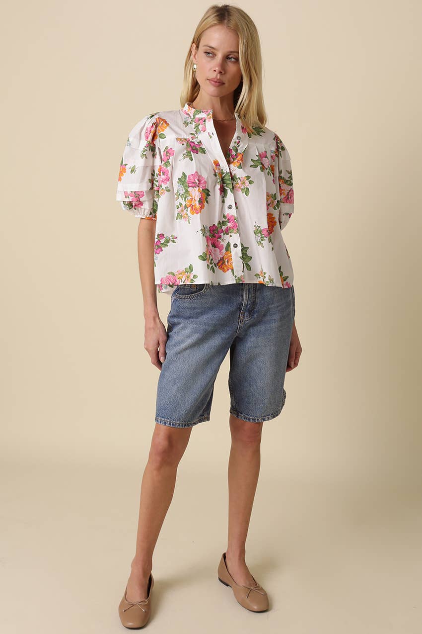 Megan Floral Puff-Sleeve Blouse: White Pink Floral / Contemporary / L