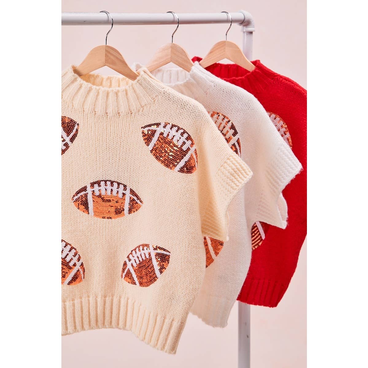 SEQUIN FOOTBALL PATCHES RIB BANDED SWEATER: OATMEAL / XL
