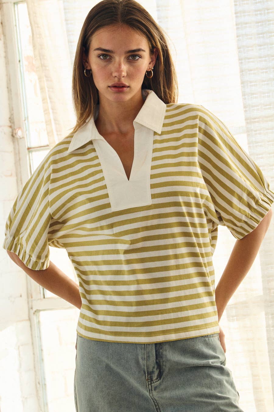 Striped Pullover Top: Green White Combo / M