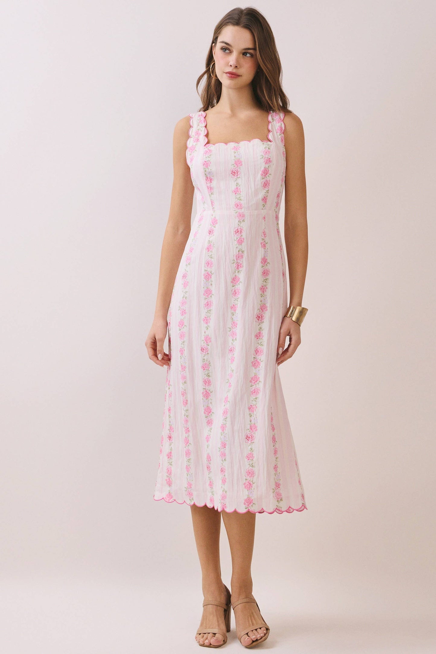 CD06749-Floral Print Scalloped Detail Back Smocked Dress: Pink / L
