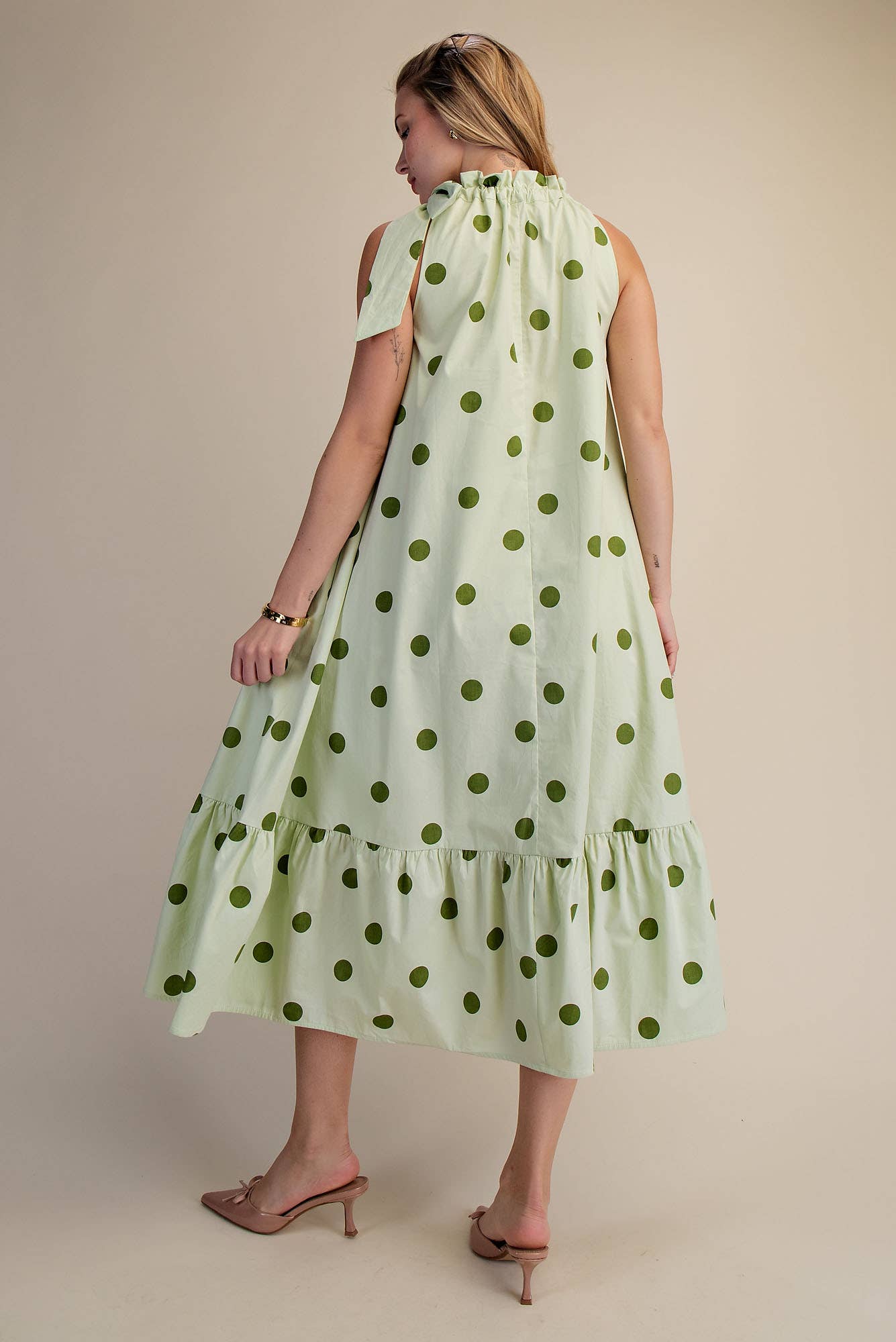 Ruffle Neck Tie Sleeveless Polka Dot Midi Dress: Blue / S