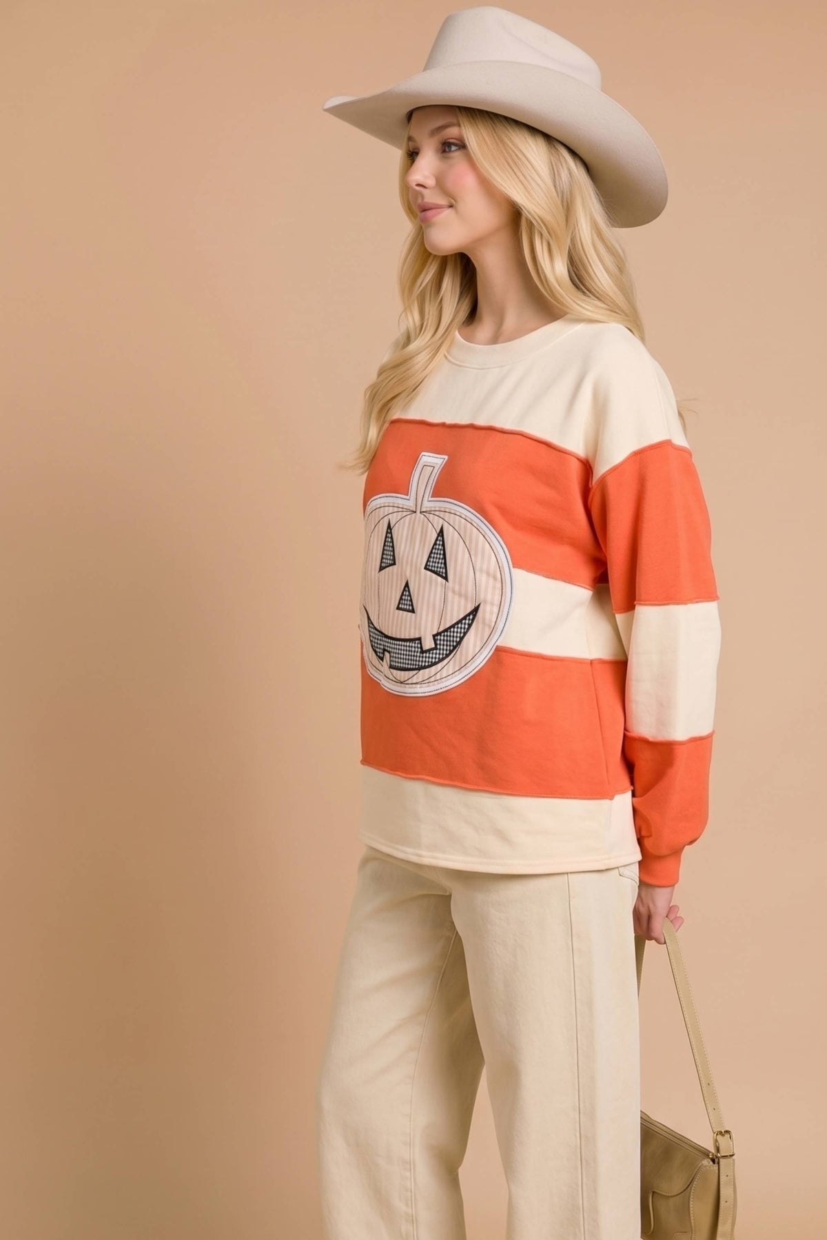 Pumpkin Appliqué Color Block Pullover: BURNT ORANGE/CREAM / S-M-L (2-2-2)