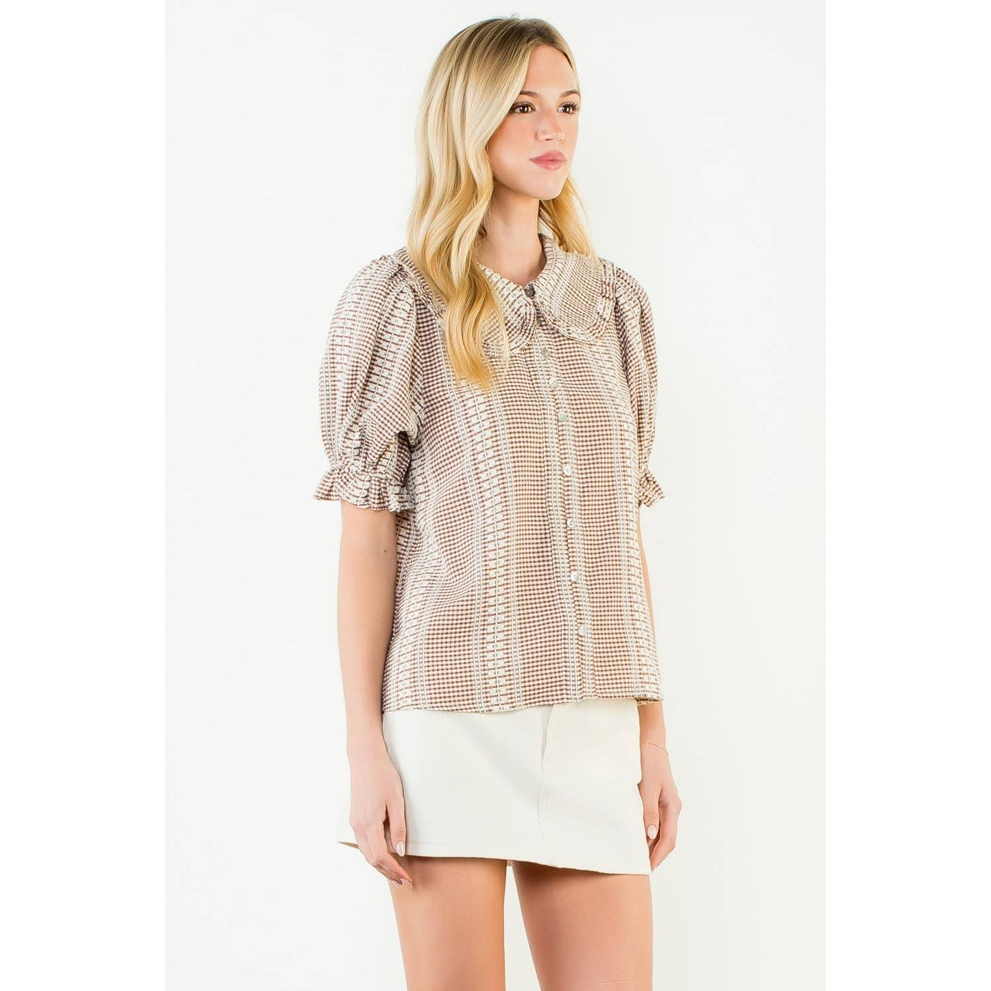 Puff Sleeve Gingham Patterned Top: RED / XS-S-M-L(1-2-2-1)