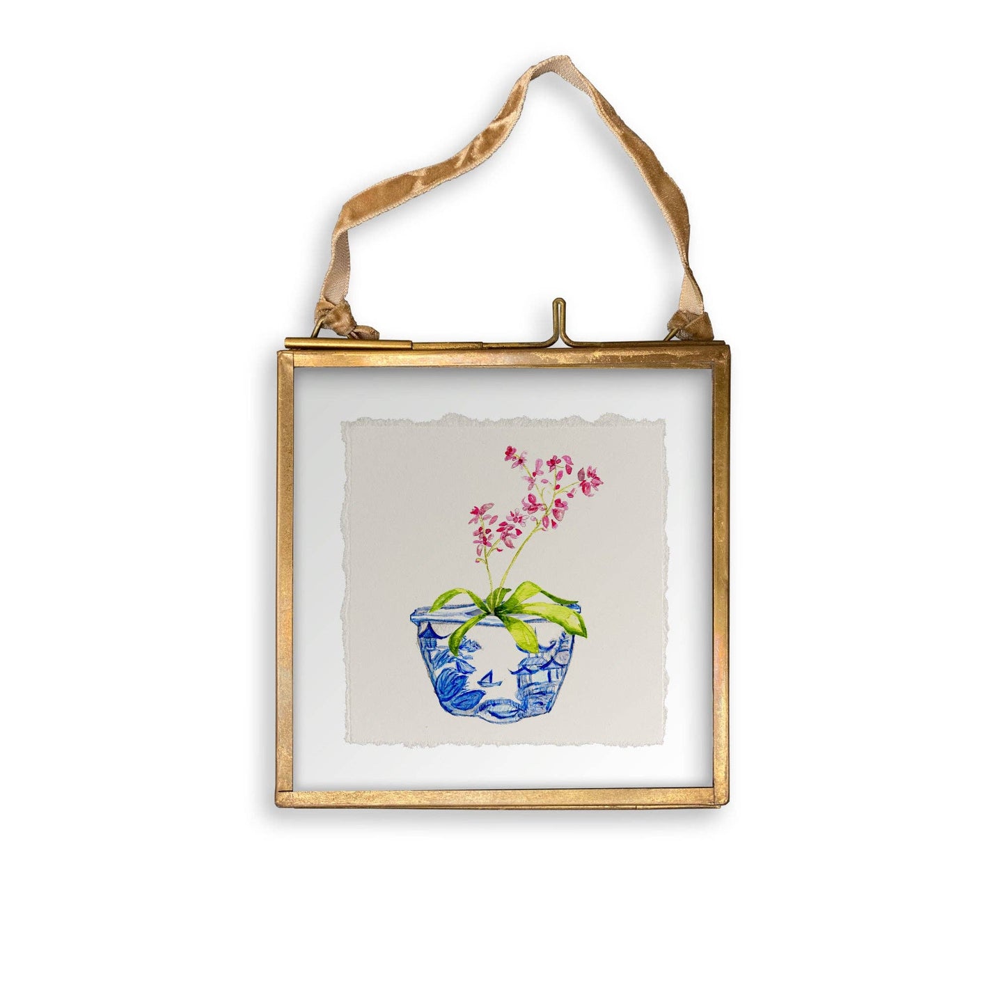 Blue & White Bowl with Pink Orchid: Dishtowel / -