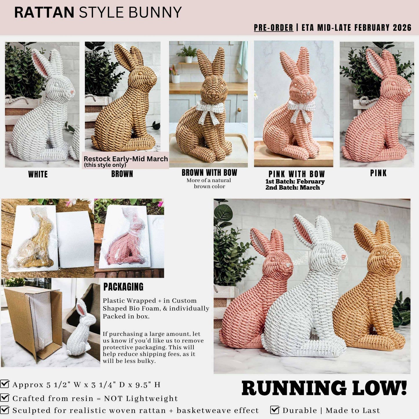 Rabbit Statue Wicker Weave Bunnies, Easter Bunny Home Decor: Brown