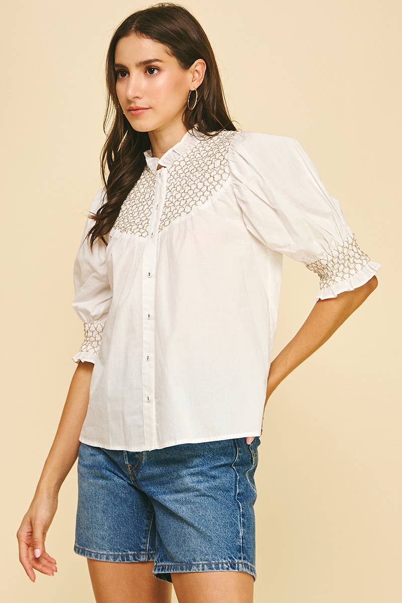 EMBROIDERED BUTTON DOWN BLOUSE TOP - 4951TB: Pink / M