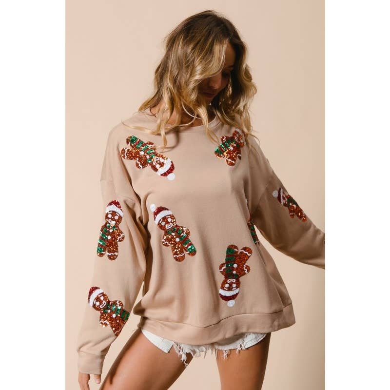 Sequin Gingerbread Man Christmas Pullover: OATMEAL / S-M-L-XL(2-2-2-2)