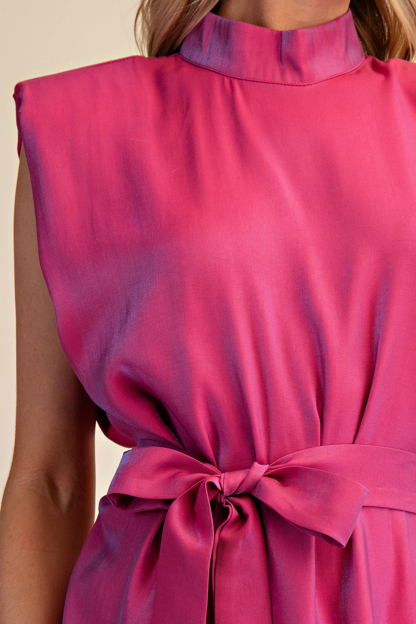 Mock Neck Shoulder Padded Waist Tie Mini Satin Dress: Fuchsia / S