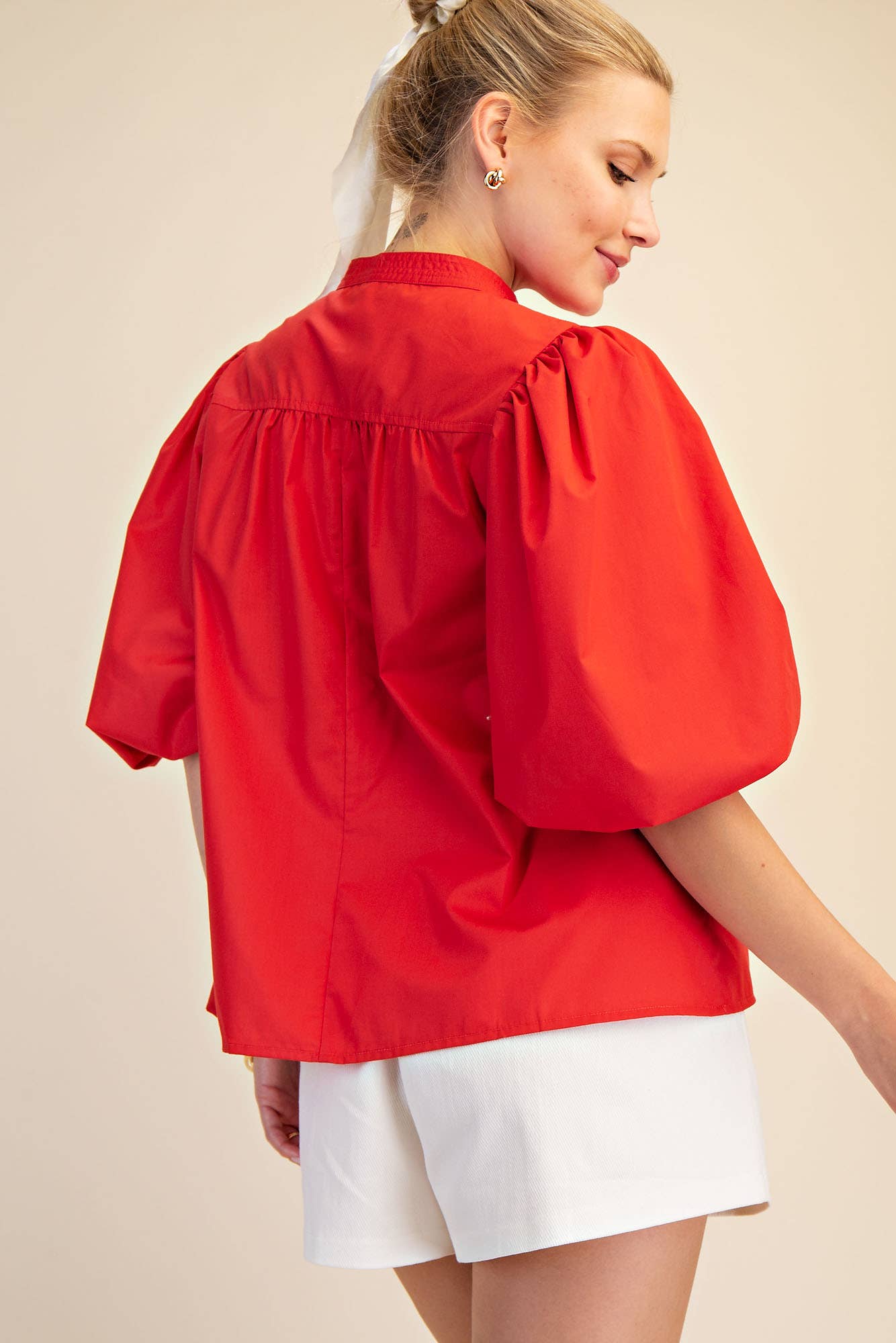 China Collar V-Neck Bubble Sleeve Poplin Top: Red / S