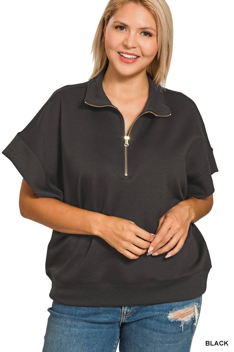 Plus Scuba High Neck Half Zip Short Slv Pullover: CORNFLOWER BLUE / 2-2-1(1X-2X-3X)
