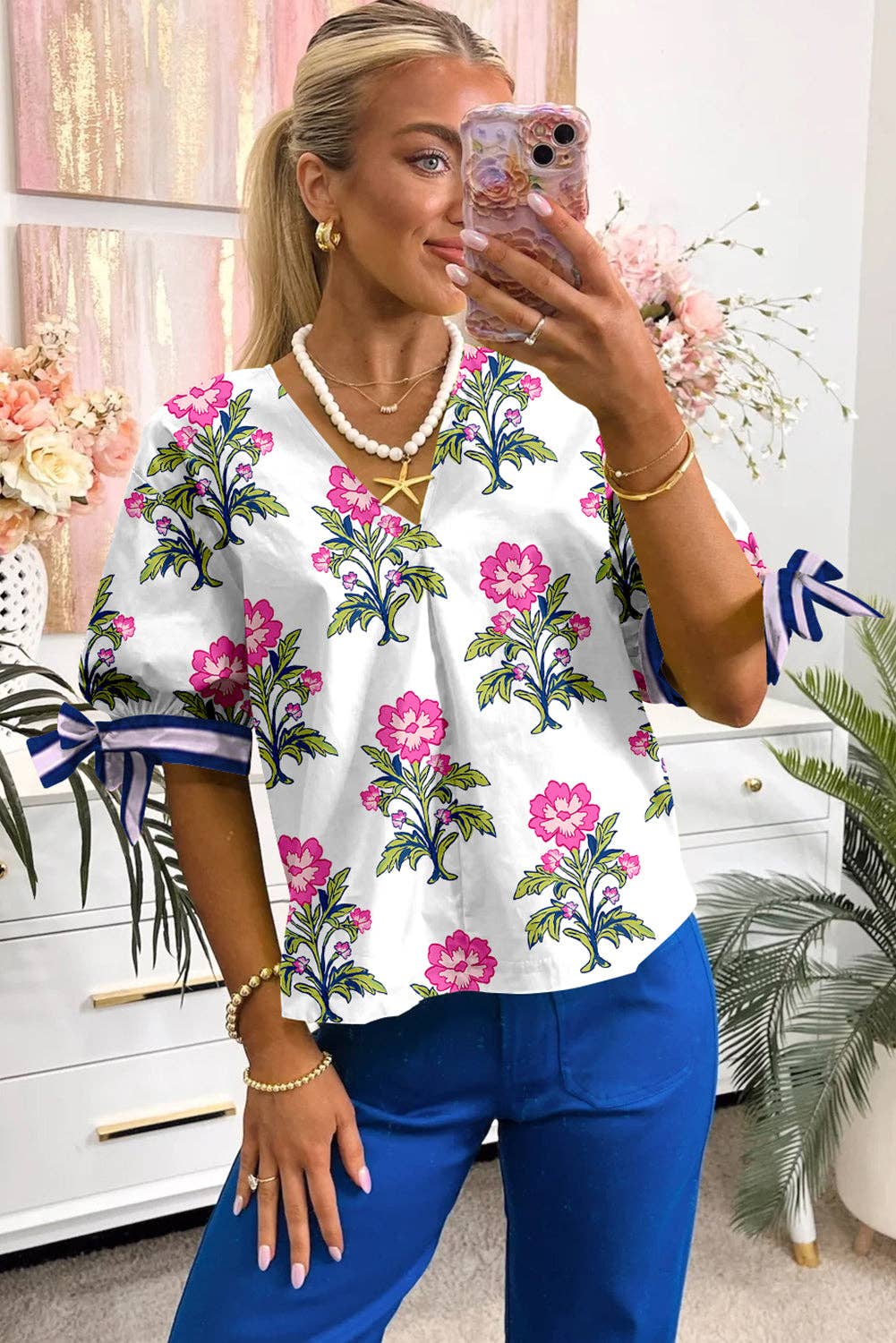 White Floral Colorblock Stripe Knot Bubble Sleeve V Neck Blouse: White / 100%Polyester / M