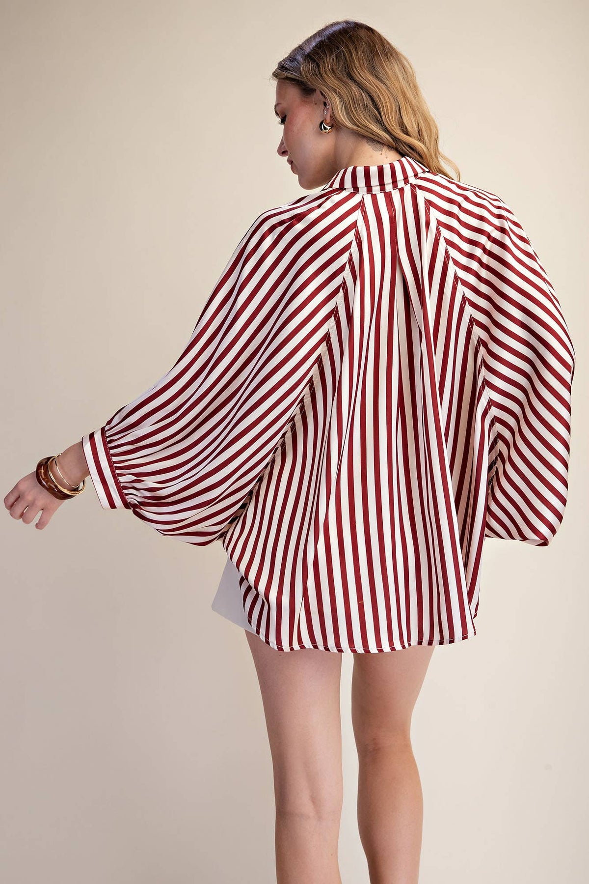 Stripe Wide Puff Sleeve Buttondown Shirt: Olive / L