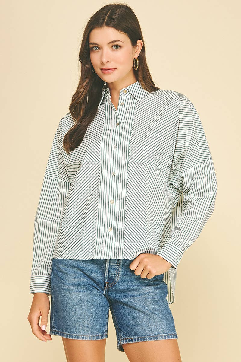 STRIPED BUTTON DOWN SHIRT WITH BLOCKING DETAIL - 6697T: Green / S
